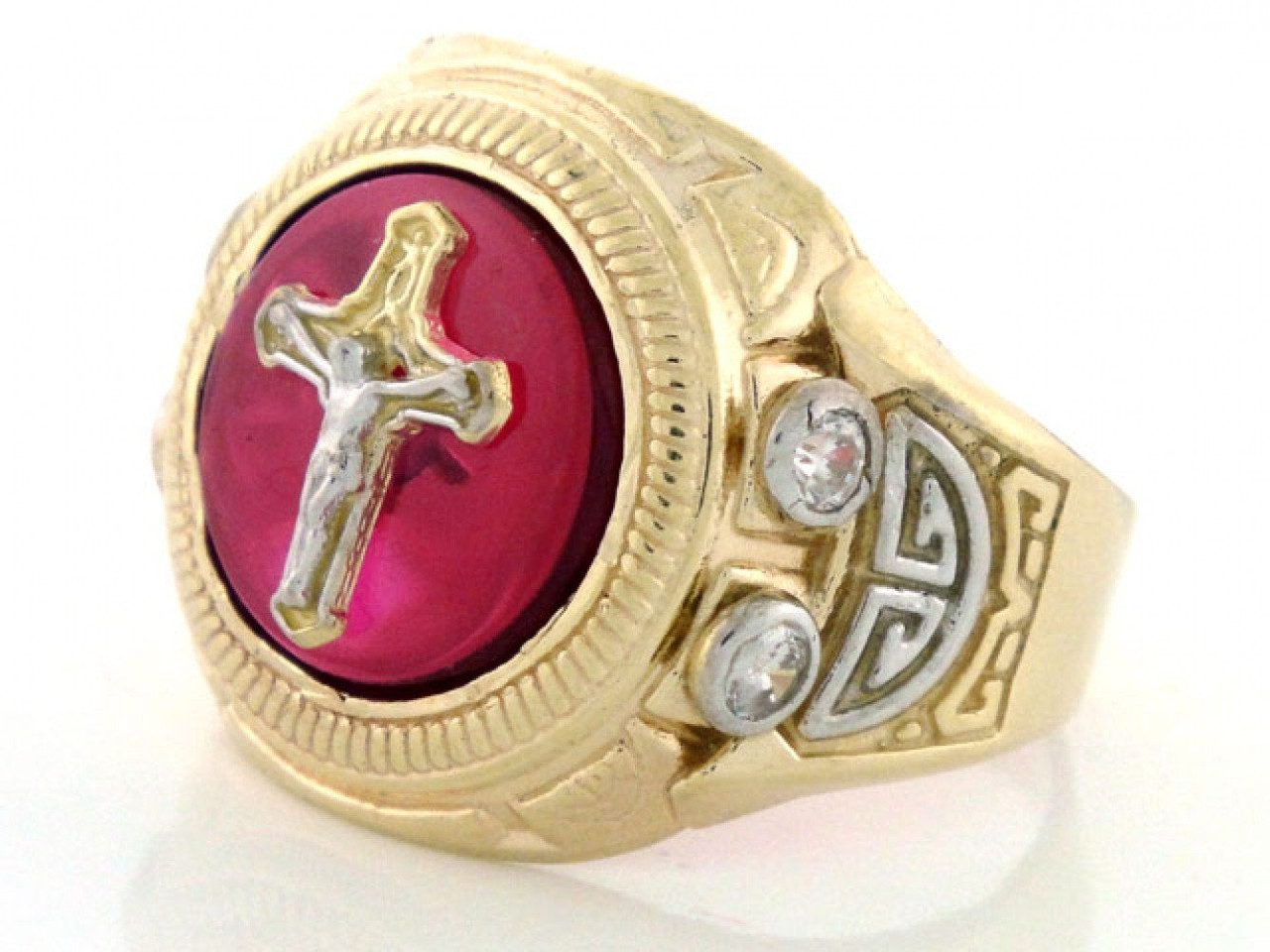 Gold Two-Tone Ruby Red Stone Cross Jesus Mens Ring (JL# R1922