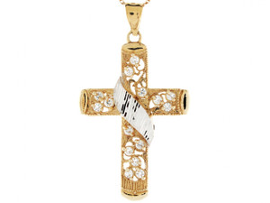 2 Tone Gold Filigree Diamond Cut Religious Cross CZ Charm Pendant (JL# P3149) 2 Tone Gold Filigree Diamond Cut Religious Cross CZ Charm Pendant (JL# P3149)