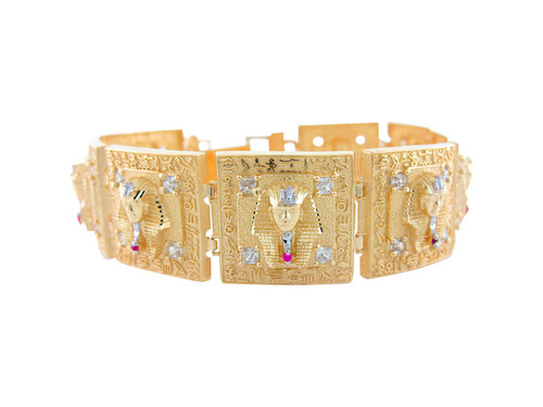 Two-Tone Gold CZ Accented King Tut Egyptian Bracelet with Hieroglyphs (JL# B9194)