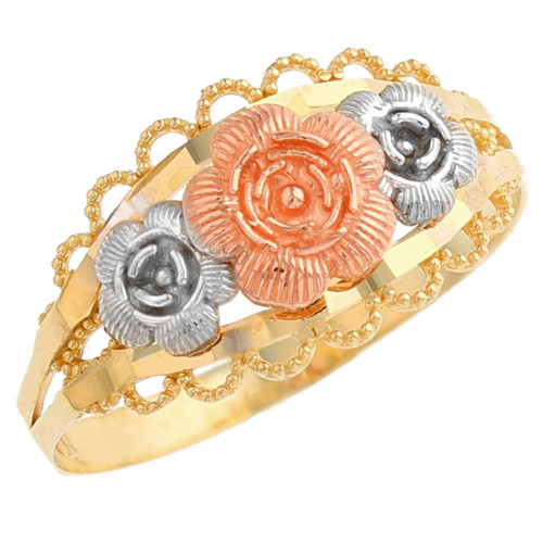 Solid Gold Tri-color Flower Rose Ring Jewelry (JL# R1415)