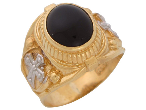 Two-Tone Gold Mens Wide Cabuchon Cut Accented Religious Ring (JL# R10665)