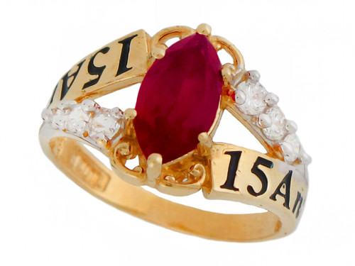 Gold and CZ 15 Anos Quinceanera Birthstone Ring (JL# R10528)
