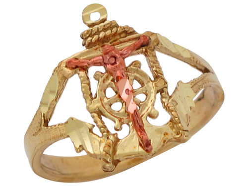 Two-Tone Gold Gorgeous Mariners Crucifix with Anchor and Ship's Wheel Ring (JL# R10476)