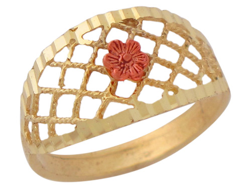 Two-Tone Ladies Diamond Cut Flower Ring with Criss Cross Woven Pattern (JL# R10245)
