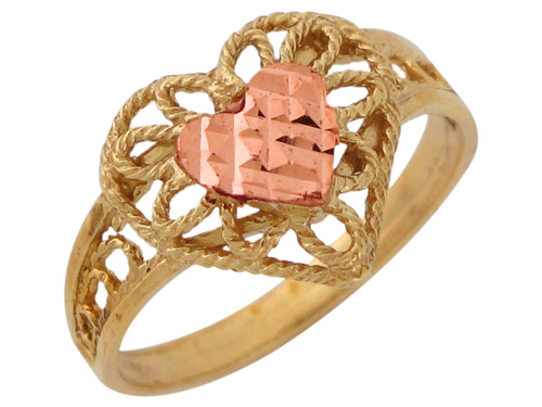 Two-Tone Gold Ladies Stunning Diamond Cut Filigree Love Heart Ring (JL# R10051)