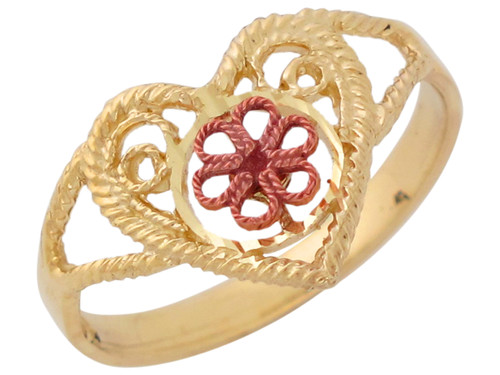 Two-Tone Gold Heart and Flower Design Diamond Cut Ladies Ring (JL# R10046)