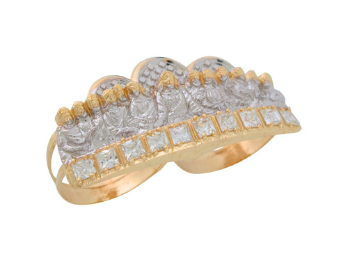 Two-Tone Gold Brilliant Accented Mens Last Supper Two Finger Ring (JL# R9394)