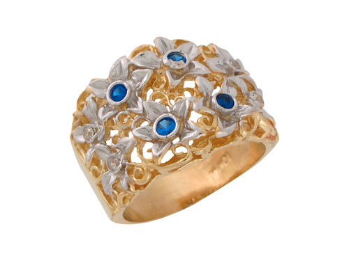 Two-Tone Gold White CZ Ladies Wide Top Filigree Flower Ring (JL# R9344)