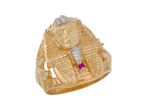 Two-Tone Gold Red & White CZ King Tut Egyptian Pharaoh Mens Wide Band Ring (JL# R9114)