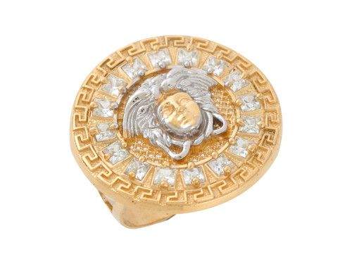 Two-Tone Studded Greek Key Border Wide Top Men's Medusa Ring (JL# R8189)