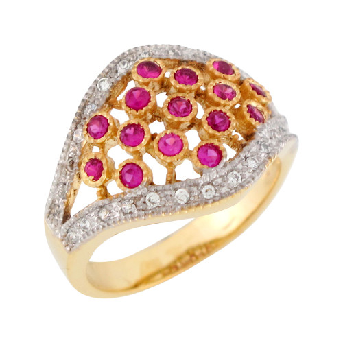 Two-Tone Gold White CZ Wide Band Antique Style Ladies Ring (JL# R7685)