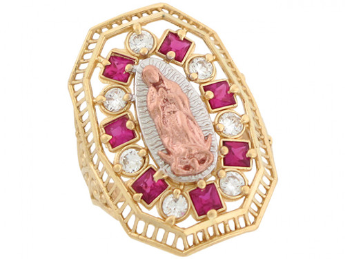 Tri Color Gold Simulated Ruby White CZ Guadalupe Christian Ring (JL# R6989)