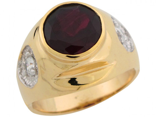 Two Tone Gold Simulated Red Garnet CZ Accent Fancy Mens Ring (JL# R6780)