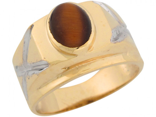 Two Toned Real Gold Synthetic Tigers Eye Criss Cross Design Mens Ring (JL# R6705)