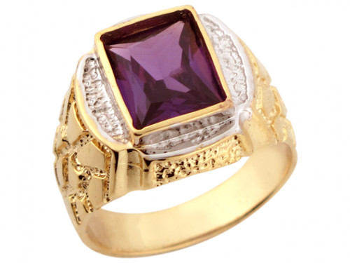 Two Tone Gold Simulated Amythst Traditional Design Mens Ring (JL# R6590)