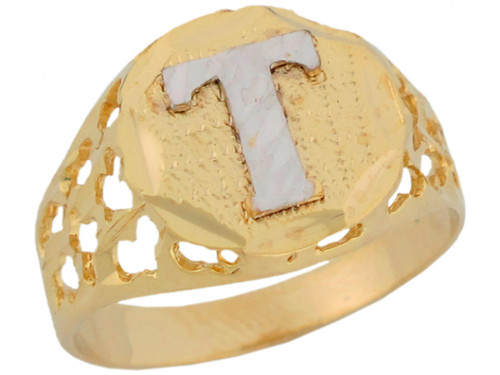 Two Tone Gold Unique Filigree Letter T Stylish Ladies Initial Ring (JL# R5820)