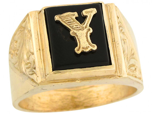 Real Gold 12x10mm Rectangle Onyx Stone Fancy Mens Letter Initial Ring (JL# R5686)