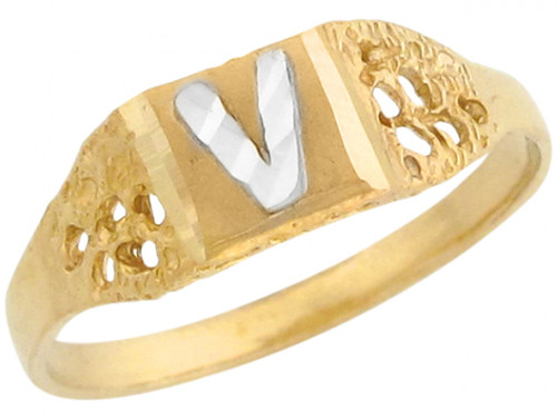 Two Tone Real Gold Diamond Cut Design Letter V Initial Band Ring (JL# R5593)