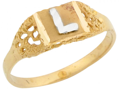 Two Tone Real Gold Diamond Cut Design Letter L Initial Band Ring (JL# R5584)