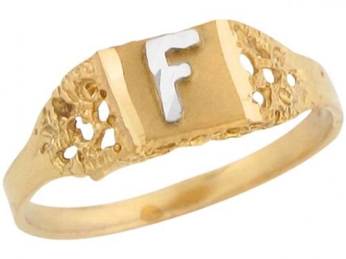 Two Tone Real Gold Diamond Cut Design Letter F Initial Band Ring (JL# R5578)