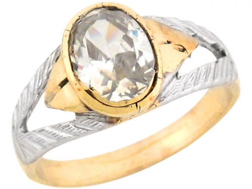 Two Tone Real Gold White Oval CZ Stylish Etched Band Baby Ring (JL# R5494)