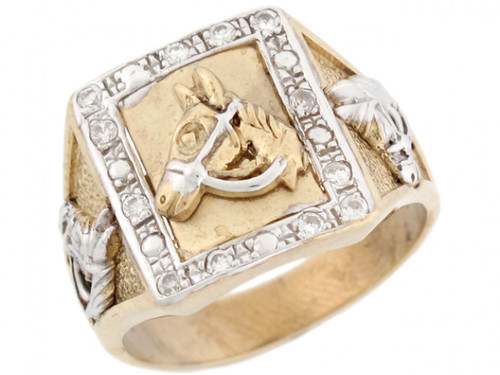 Two Tone Solid Real Gold Stallion Square Mens Ring (JL# R5300)