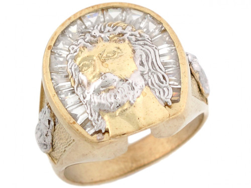 Two Tone Solid Gold CZ Jesus Crown of Thorns Religious Mens Ring (JL# R5293)