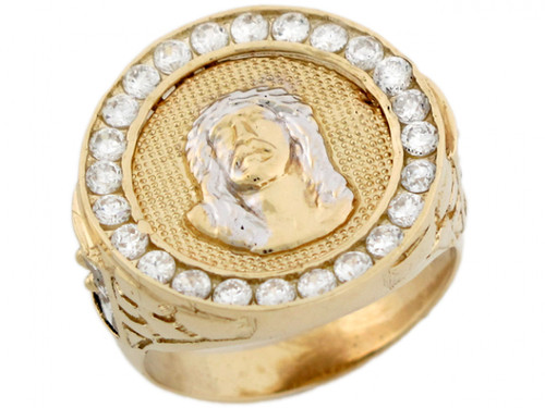 Two-Tone Gold Cluster Round Jesus Catholic Mens Ring (JL# R5196)