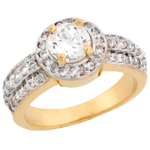 Two-Tone Real Gold Multi Line Round CZ Halo Engagement Ring (SKU# R5099)