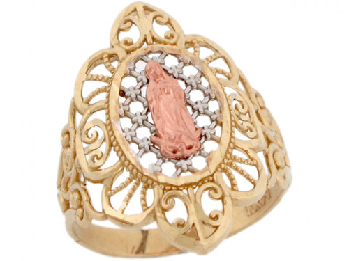 Tri Color Real Gold Virgin Mary Guadalupe Filigree Religious Ring (JL# R4154)