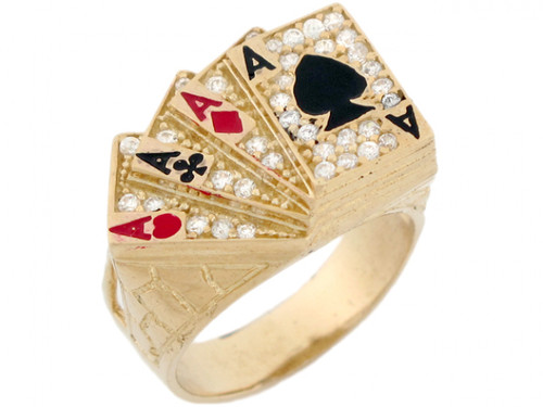 Solid Gold CZ Four of A Kind Poker Cards Enamel Lucky Mens Ring (JL# R3711)