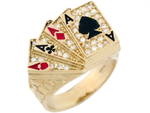 Solid Gold CZ Four of A Kind Poker Enamel Lucky Large Mens Ring (JL# R3710)