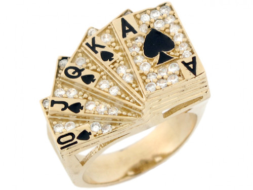 Real Solid Gold CZ Royal Flush Poker Enamel Lucky Large Mens Ring (JL# R3707)