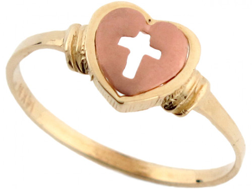 2 Tone Yellow & Pink Real Gold Heart with Cross Love & Faith Ring (JL# R3593)