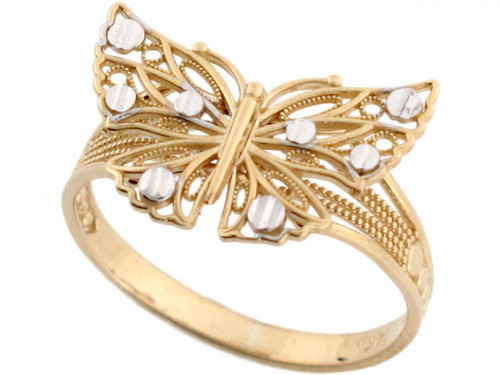 Two Tone Real Gold Diamond Cut Butterfly Filigree Ring (JL# R3590)