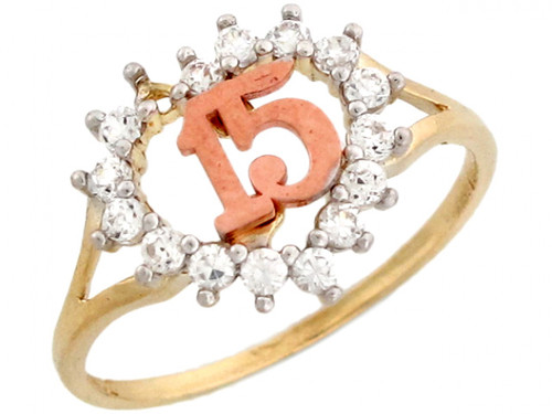 Two-Tone Gold Pretty Heart Shaped 15 Quinceanera Ring (JL# R3416)