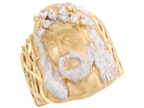 Two Tone Solid Gold Christian Religious Jesus CZ Large Mens Ring (JL# R3286)