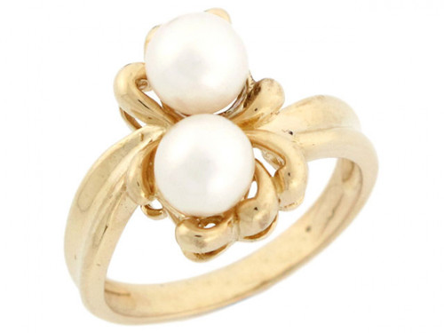 solid gold two freshwater cultured flower ring jewelry (JL# R2965)