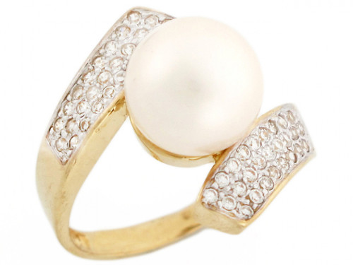 solid gold 10mm freshwater cultured & cz eye catching bypass style Ring jewelry (JL# R2948)