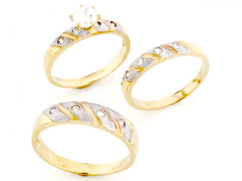 two tone gold his & hers trio cz wedding ring sets (JL# X2775)