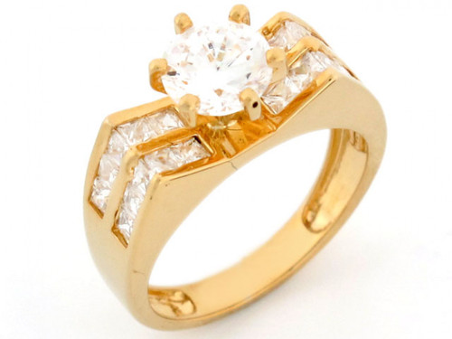 gold 2 row channel set cz solitaire engagement Ring (JL# R2586)