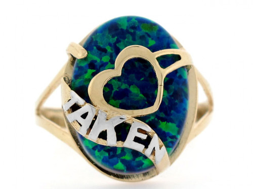 Gold Heart Taken Simulated Sea Blue Opal Fancy Ring (JL# R2564)