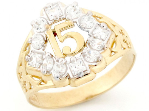 Tri-color Gold 15 Anos Quinceanera Flower CZ Ring (JL# R2420