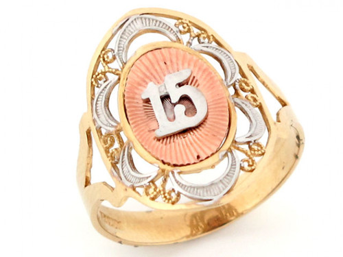 Tri-color Gold 15 Anos Quinceanera Flower CZ Ring (JL# R2420