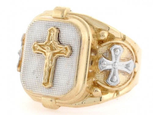 Two-Tone Gold Religious Cross Jesus Fancy Mens Ring (JL# R2405)