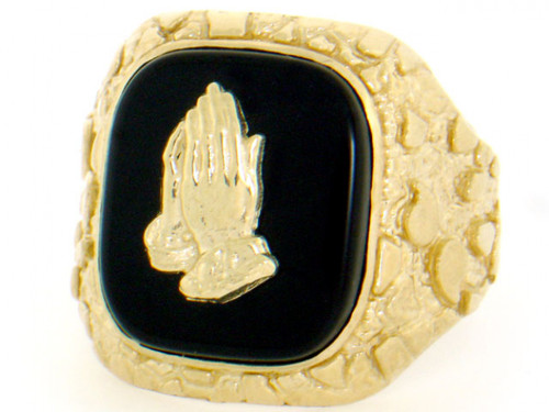 Solid Gold Nugget Praying Hand Mens Ring (JL# R2090)