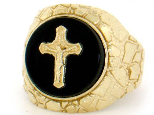 Gold Cross Crucifix Jesus Nugget Mens Ring (JL# R2079)