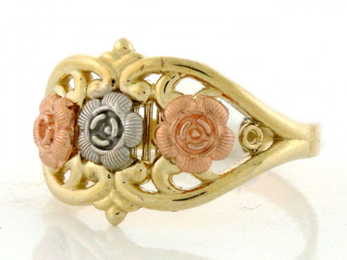Solid Gold Tri-Color Flower Rose Filigree Ring (JL# R1967)