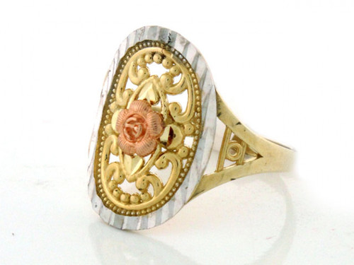 Gold Tricolor Flower Rose Filigree Diamond Cut Ring (JL# R1962)