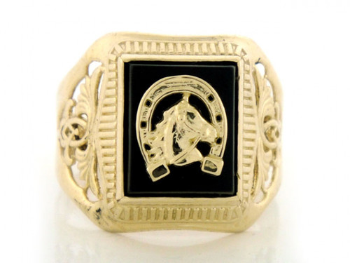 Solid Gold Mens Ring w/ Horseshoe & Filigree (JL# R1907)